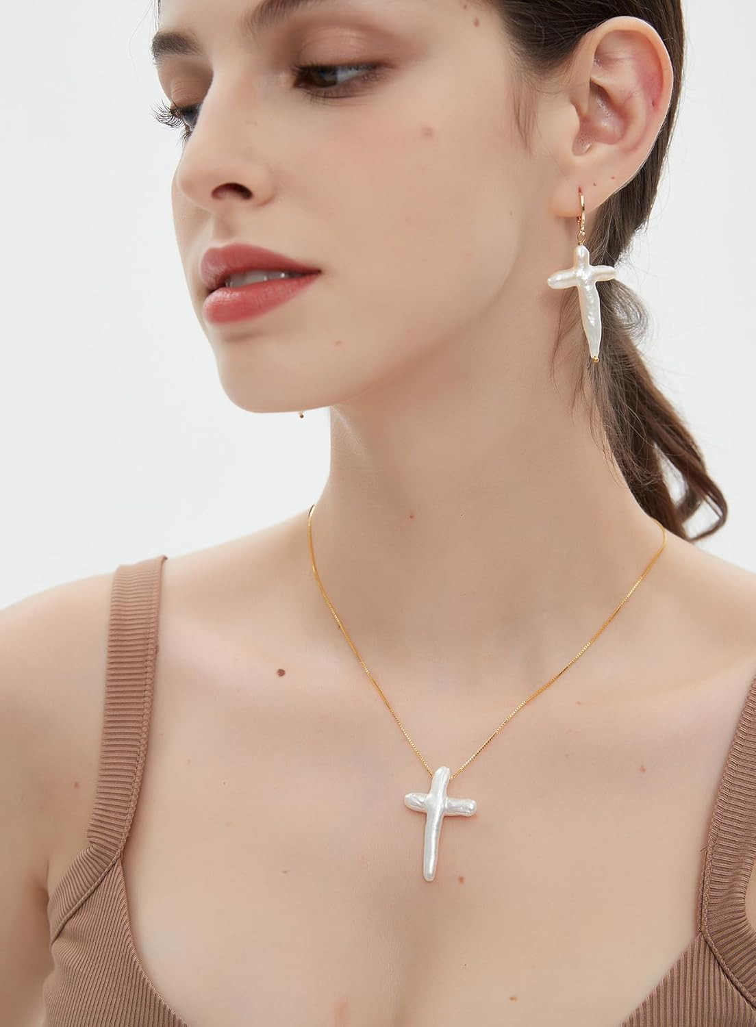 White Pearl Cross Necklace Gold Plated 316L Stainless Steel Box Chain Necklace F
