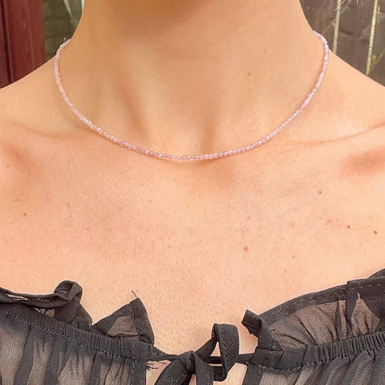 Rose Quartz Dainty Choker Necklace 2mm Crystal Gemstone Beads Minimalist Gifts