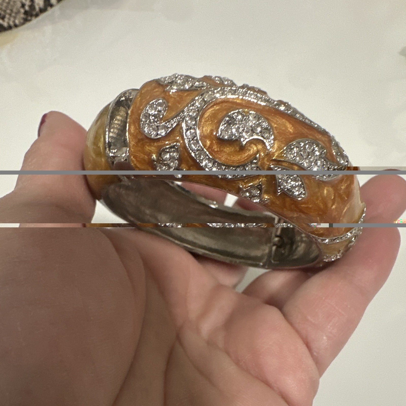 Kirks Folly Signed Hinged Enamel Bangle Bracelet Crystal Gold Orange Silver