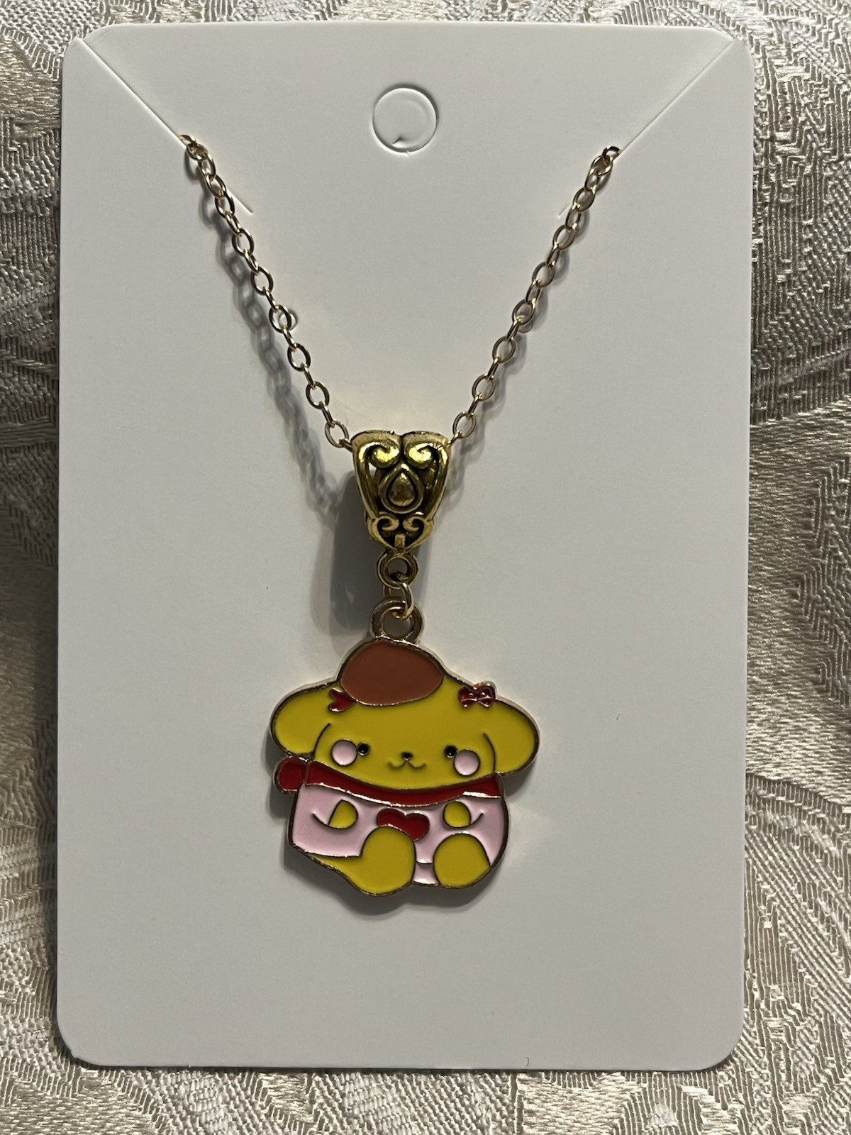 Cartoon Hello Kitty Pom Pom Purin Enamel Charm Gold Adorable Boho Necklace 18”