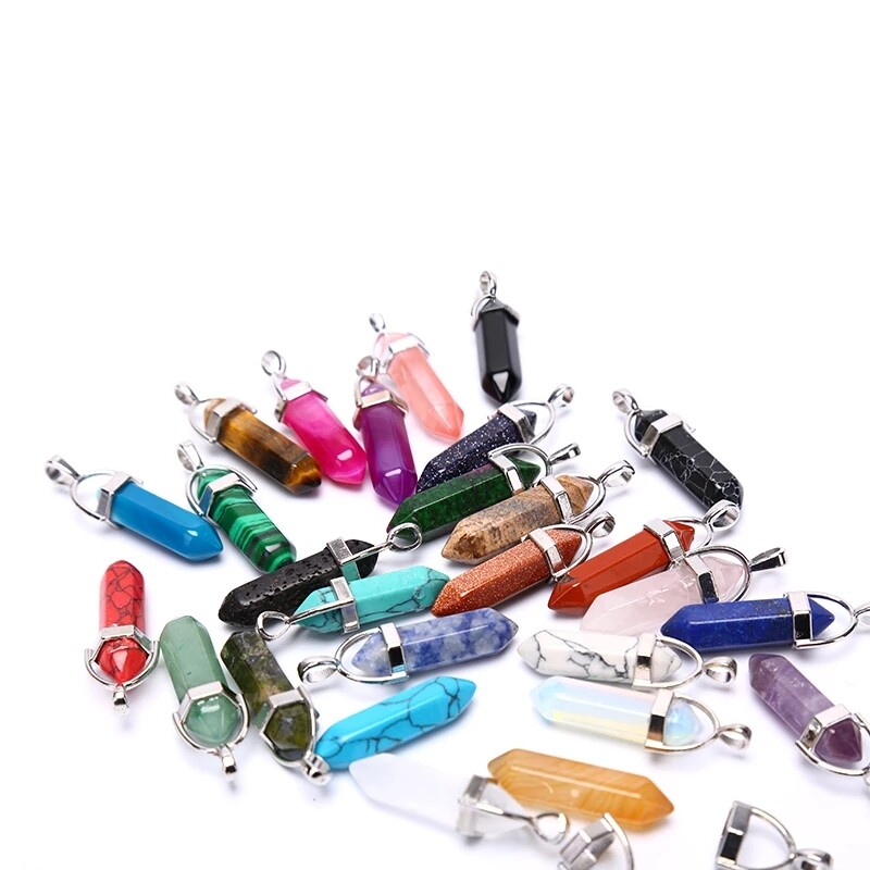 Wholesale 30pcs Natural Mixed Stone Pendants Hexagonal Pillar Pendulum Necklaces