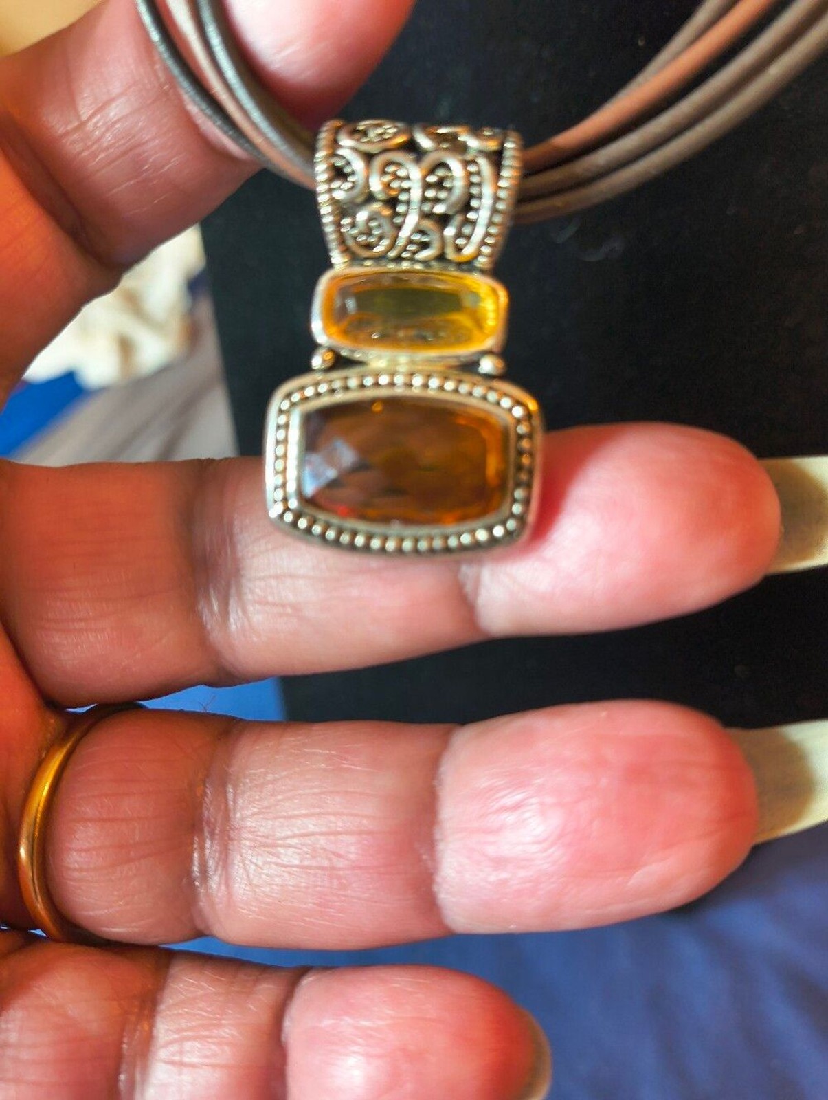 Vintage Cookie Lee Multi Strand Faux Leather Necklace Amber Glass Pendant Boho