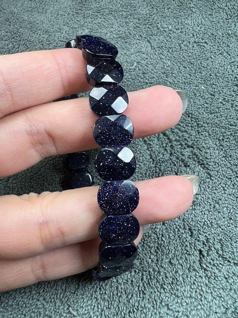 Blue Goldstone Faceted Oval Stone Bracelet Minimalist Galaxy Mens Jewelry Gift
