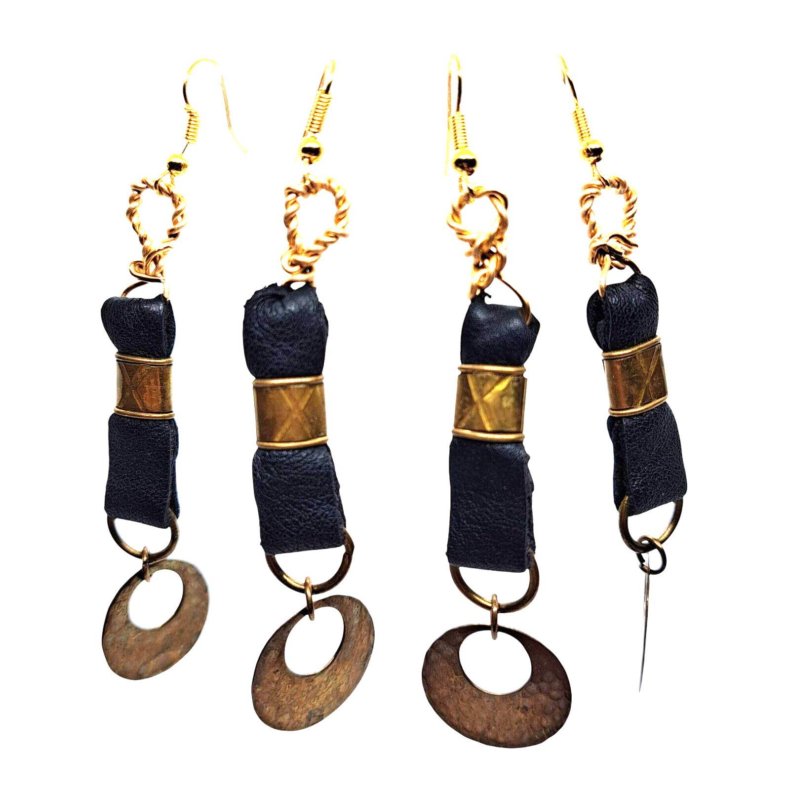 Recycled leather brass earrings gold tone wires