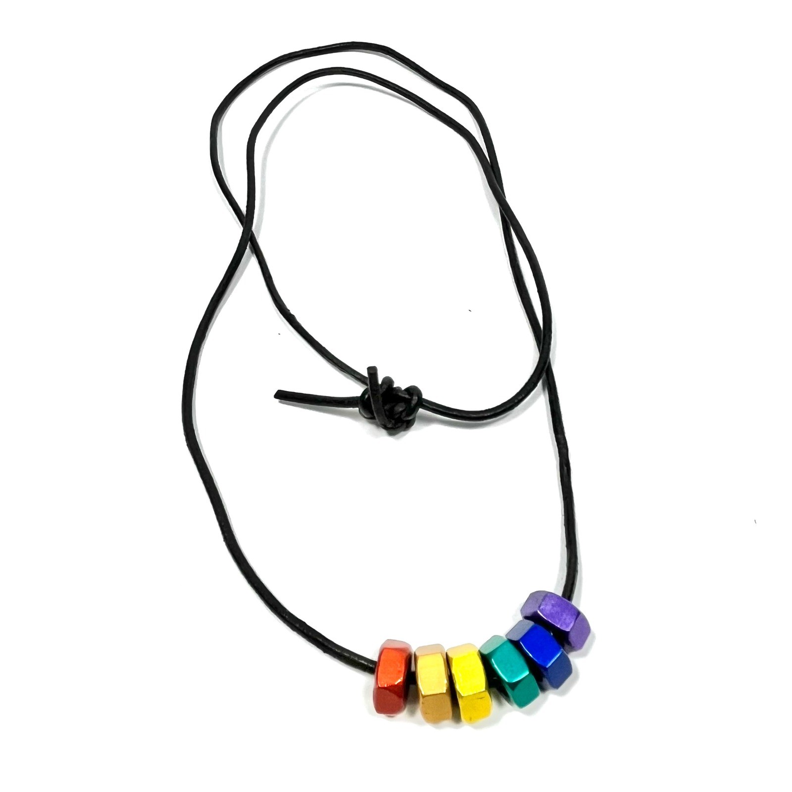 Rainbow Hematite Hex Nut Pendant Necklace LGBTQ Pride Industrial Jewelry Unisex