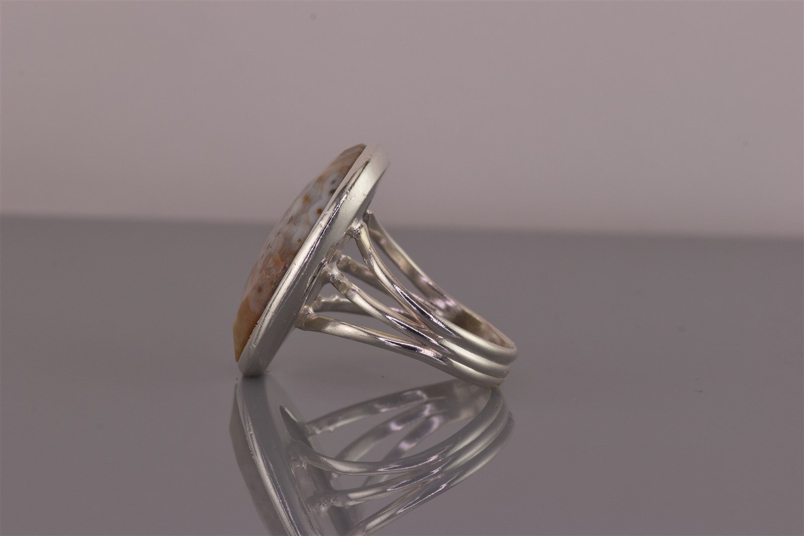 Sterling Silver 25mm Oval Faceted Brown Agate Triple Band Ring 925 Sz: 8