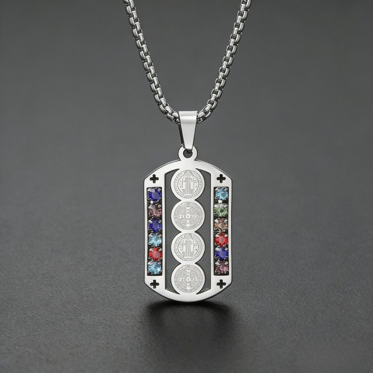 Stainless St. Benedict Medal Pendant Colorful Zirconia Religious Unisex Necklace