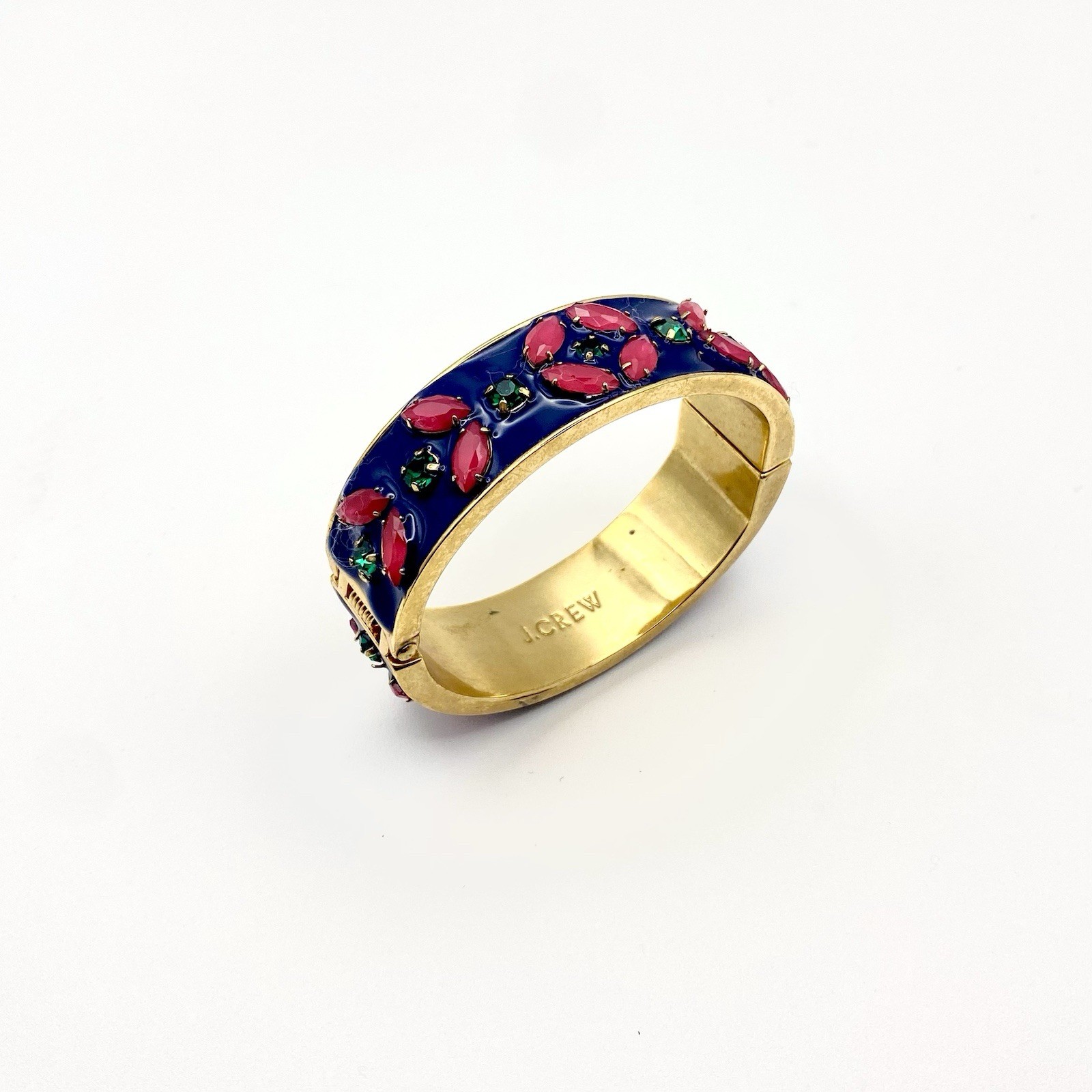 J Crew Gold Tone Blue Enamel Bangle Bracelet Red Green Rhinestones Boho Cottage