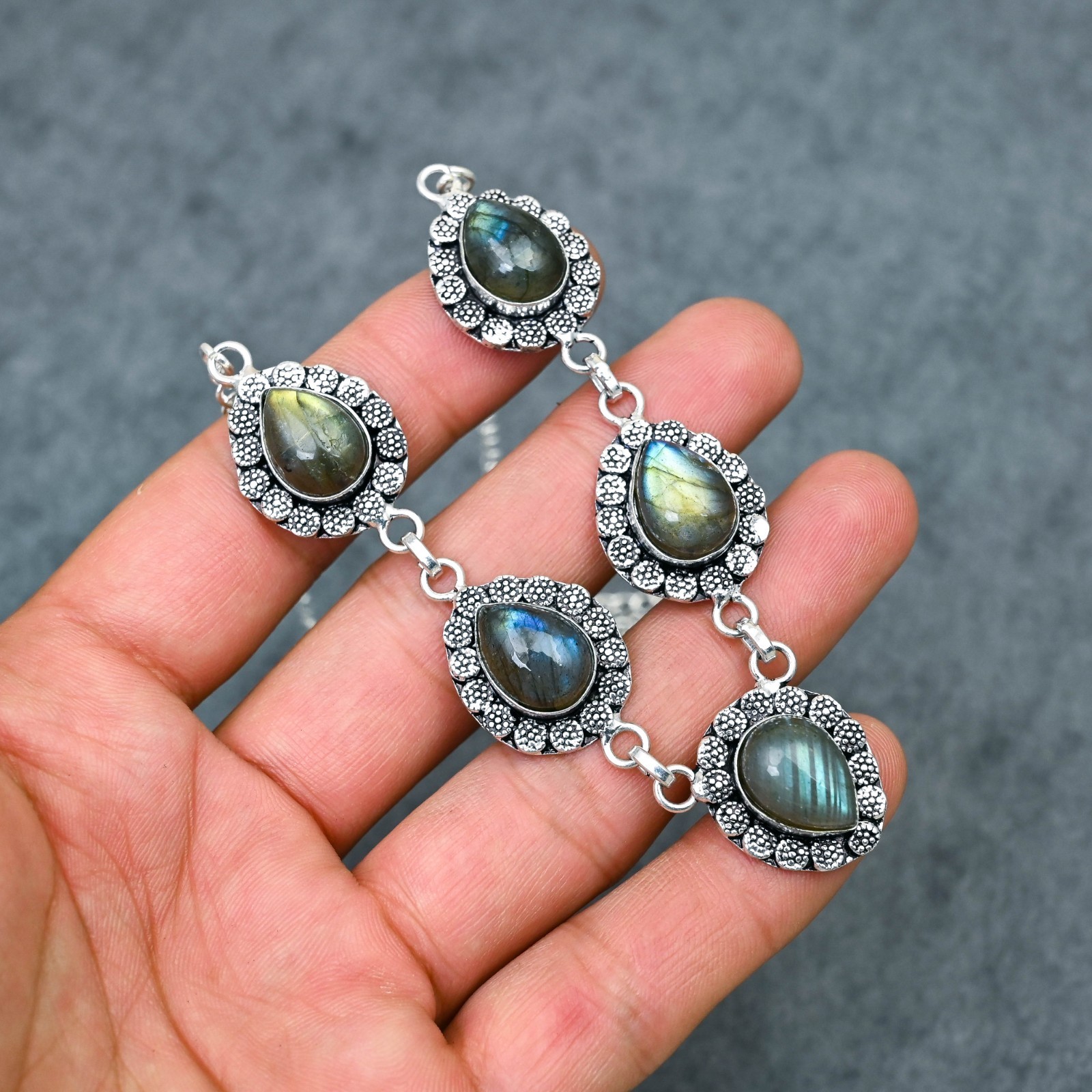 Silver Plated Labradorite Y-Necklace | Multi-Stone Milgrain Cabochon | Artisan