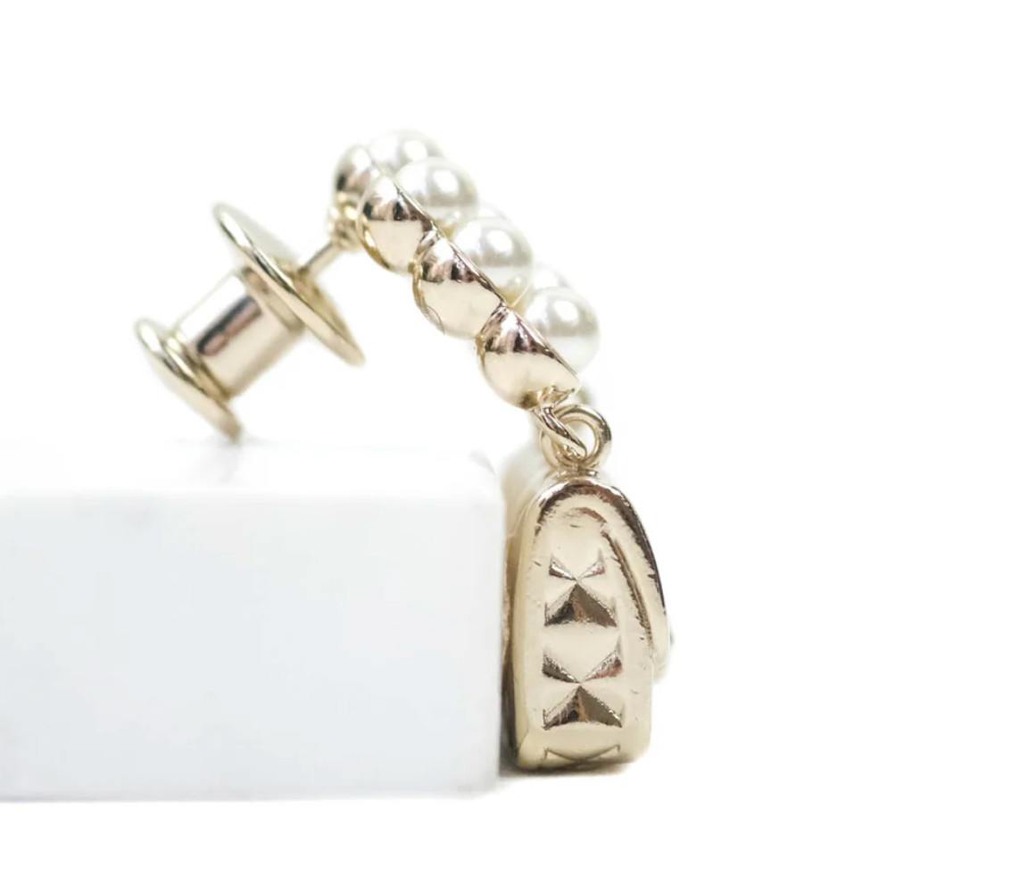 CHANEL Brooch Pin Badge CC Matelasse Bag Motif Faux Pearl