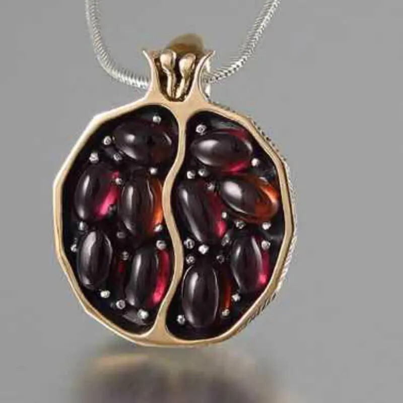 Gold Pomegranate Pendant Necklace Garnet Gemstone Fruit Jewelry Gift