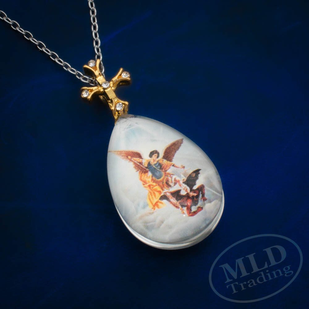 Saint St Michael Crystal Pendant Necklace – 18″ Oval Link Chain, Gold Zinc Alloy