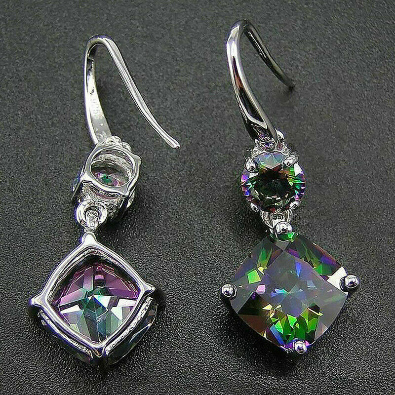 Elegant Handmade Rainbow Mystical Fire Topaz 925 Sterling Silver Hook Earrings