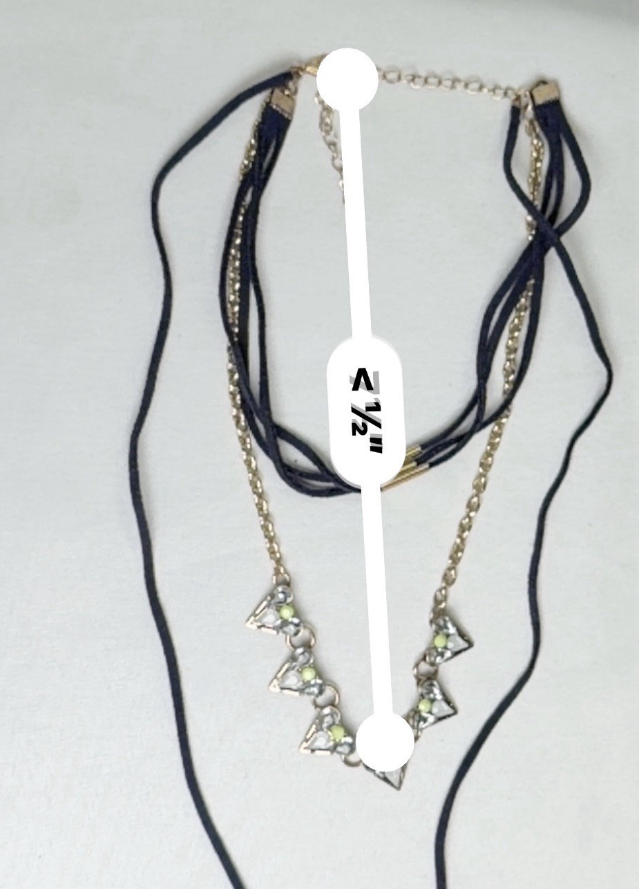Multi Strand Navy Cord Gold Tone Cable Chain Necklace Heart Clear Crystal Charm