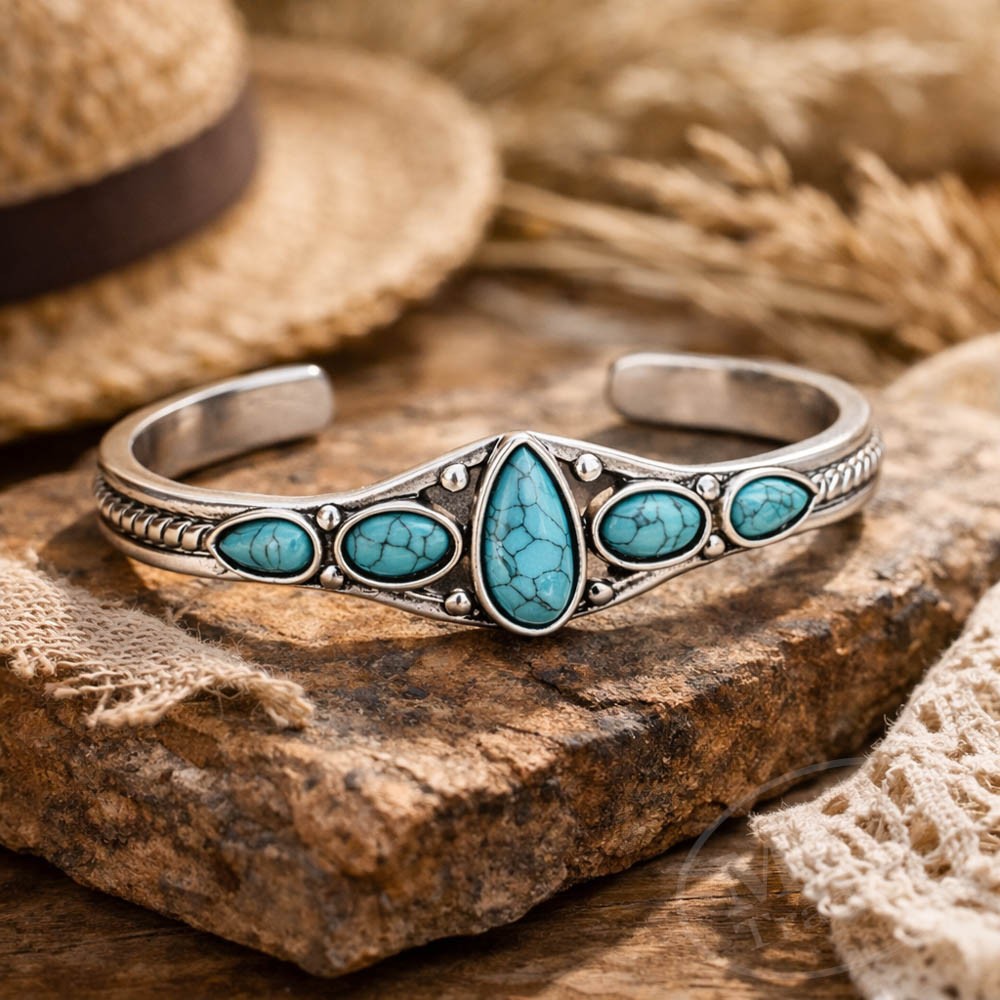 Turquoise Cuff Bracelet – Alloy Silver Tone Natural Stone Southwestern Style