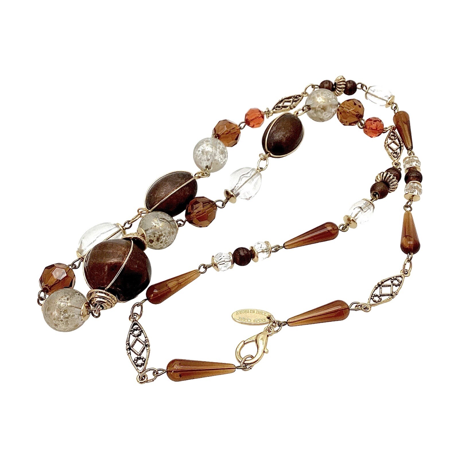 Italy Express 36” Long Beaded Necklace Gold Tone Mixed Materials Statement