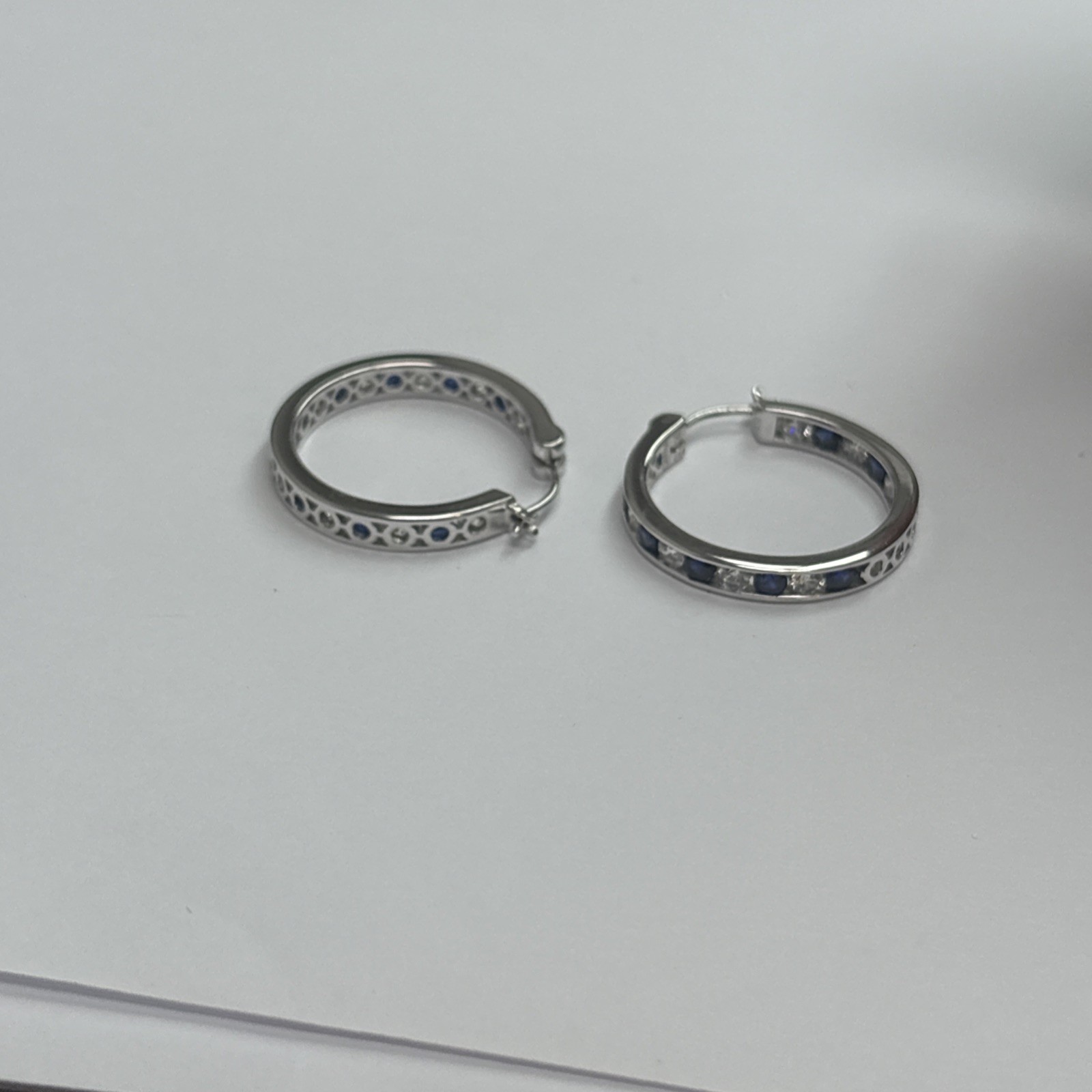 Women’s Earrings Blue And Whit Cz Stones Hoop Style As Is 925 Silver