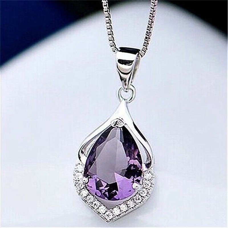 Women’s Amethyst Necklace Elegant Crystal Chain Pendant Jewellery Silver
