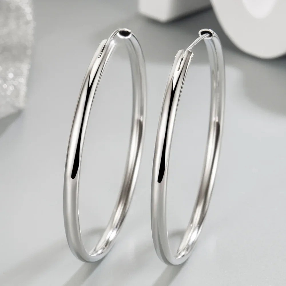 1 Pair 35MM Genuine 925 Sterling Silver Round Hoop Earrings for Women