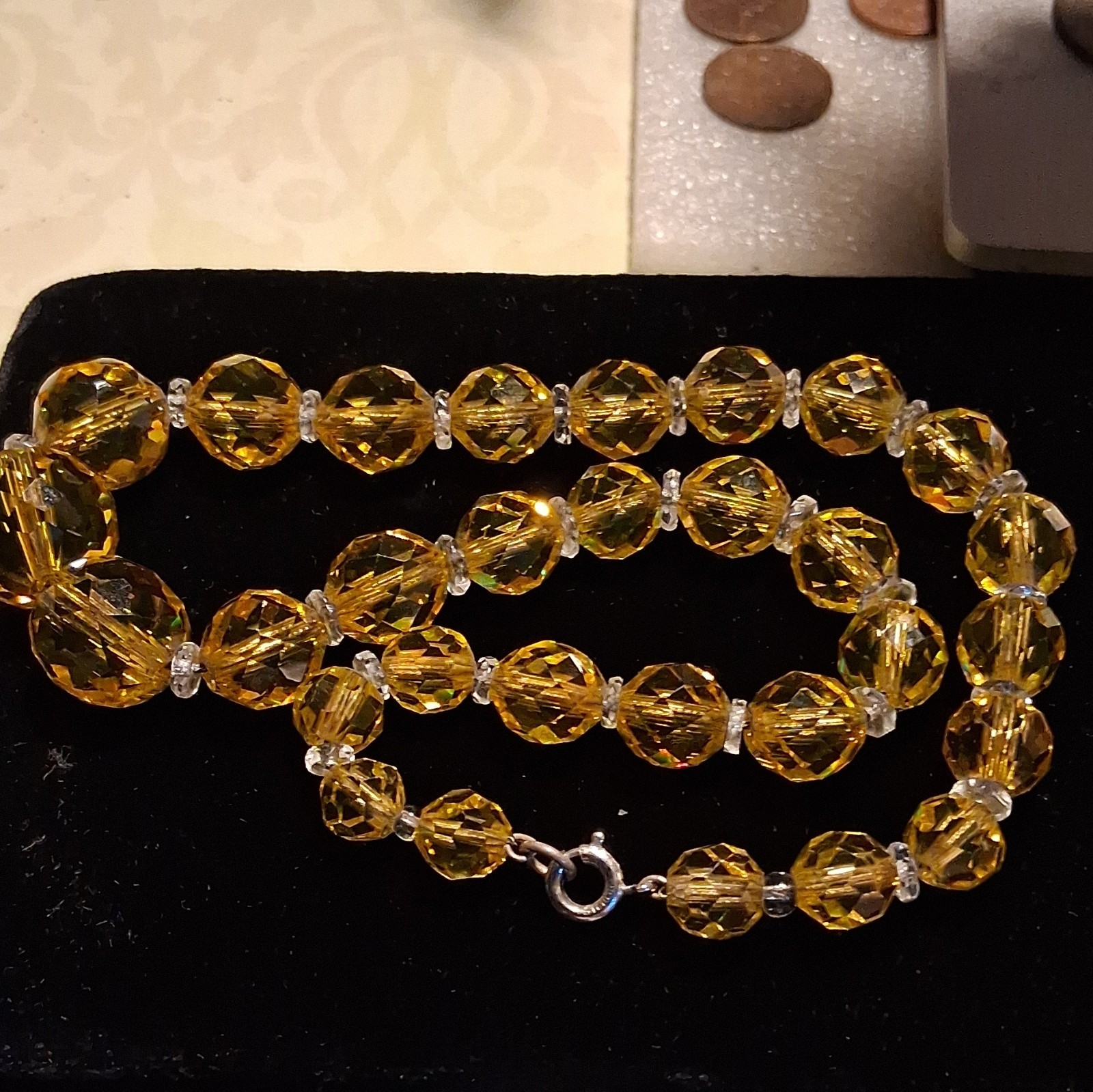 yellow crystal beaded necklace ball bead chain round faceted beads spring ring