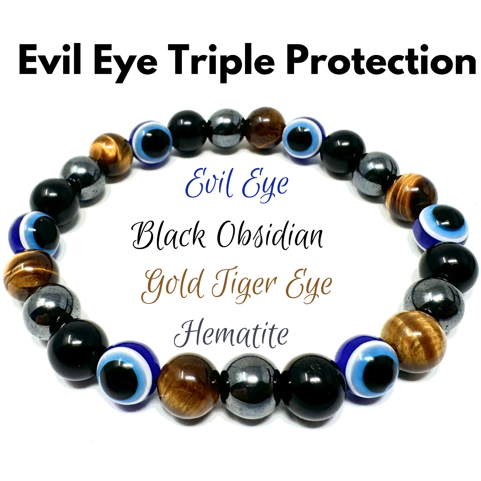 Evil Eye Triple Protection Bracelet – Gold Tiger Eye, Black Obsidian, & Hematite