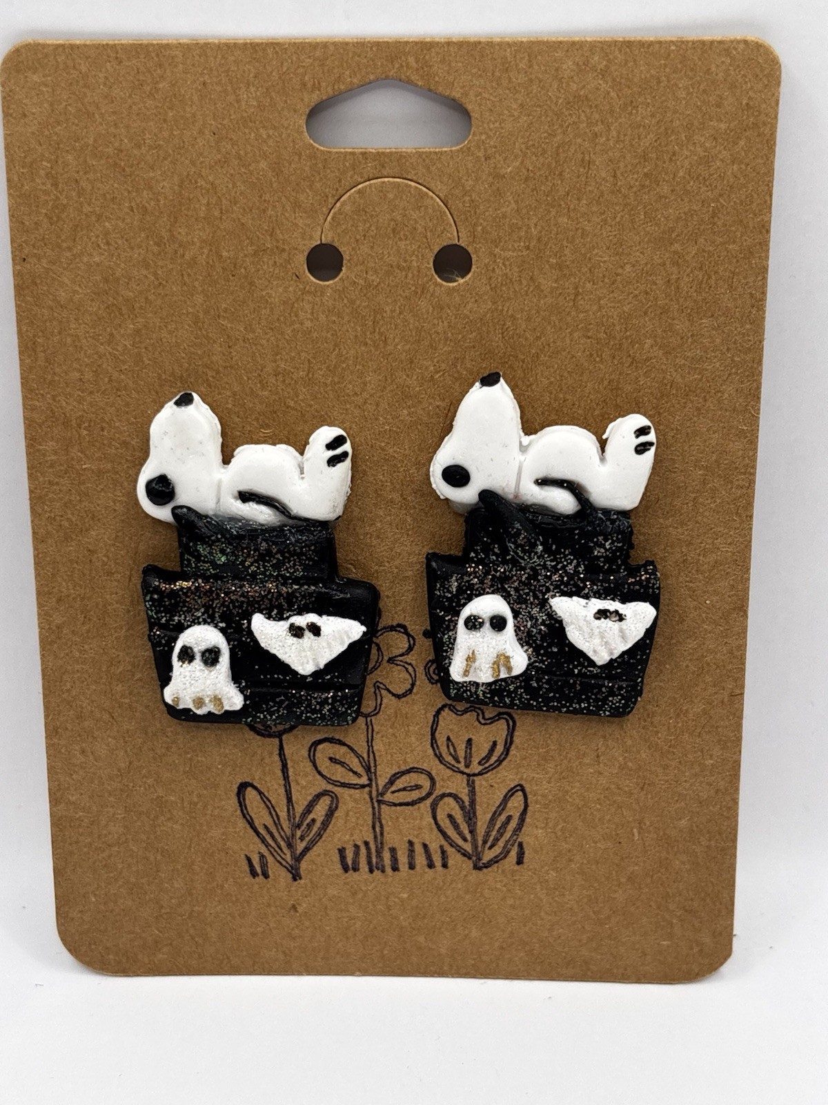Snoopy Halloween Earrings Black Glitter Doghouse Ghost Polymer Clay Jewelry