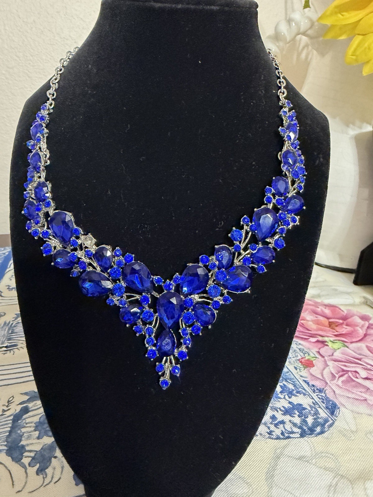 Silver Tone Statement Bib Necklace w/ Blue Crystal Rhinestones, Link Chain