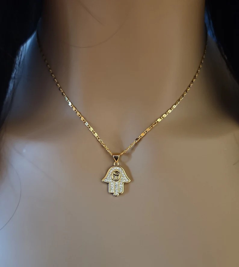 Gold Hamsa Necklace, 14k Heavy Plated Gold, Small Dainty CZ Hamsa Necklace,