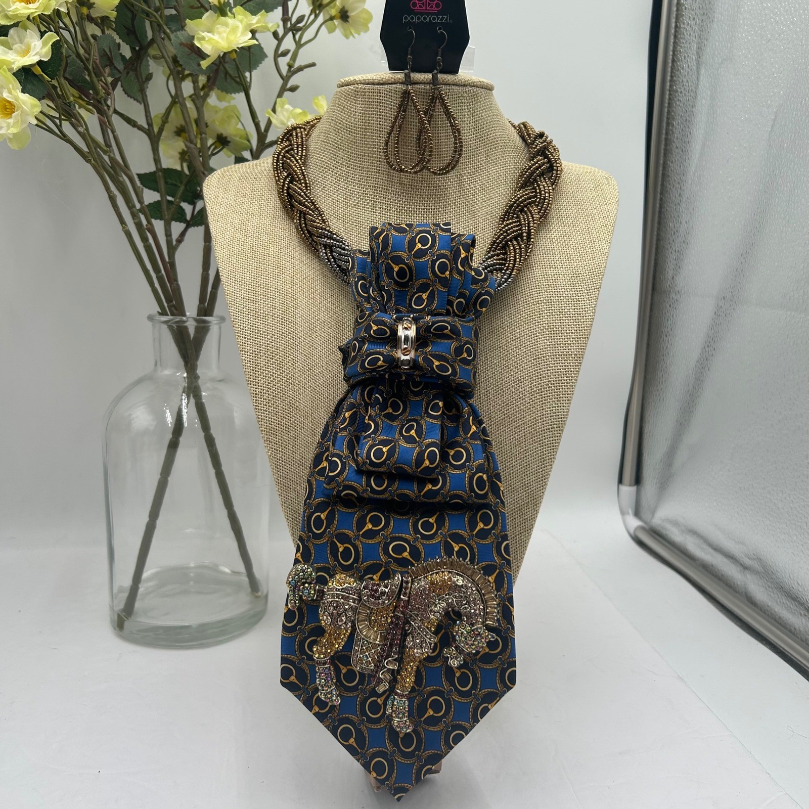 Club Room Silk Tie Horse Necklace Western Equestrian Blue Gold Crystal Brooch