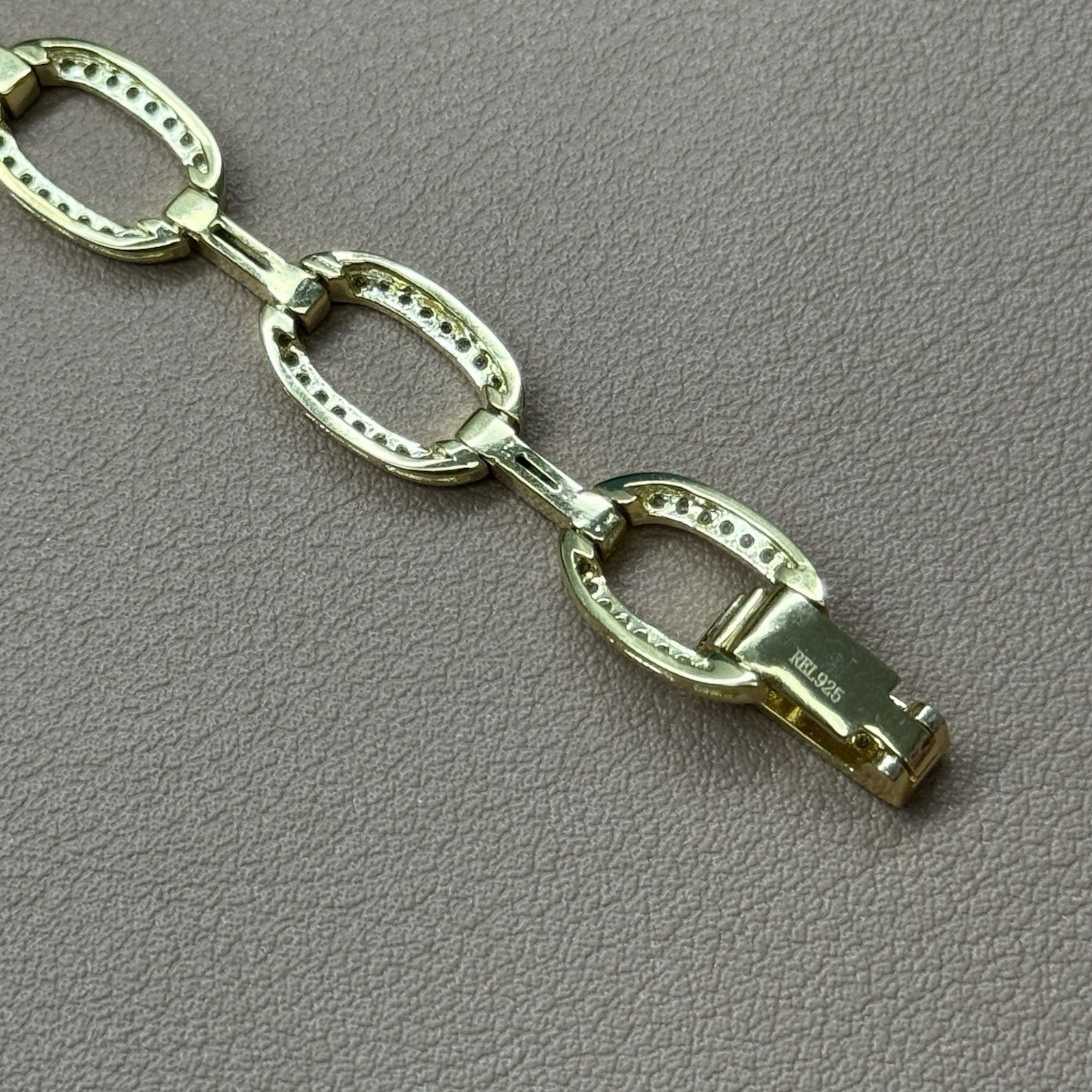 REL 925 Sterling Silver Gold Plated C Z Oval Bar Link Bracelet 6.5” 10g 9.1mm