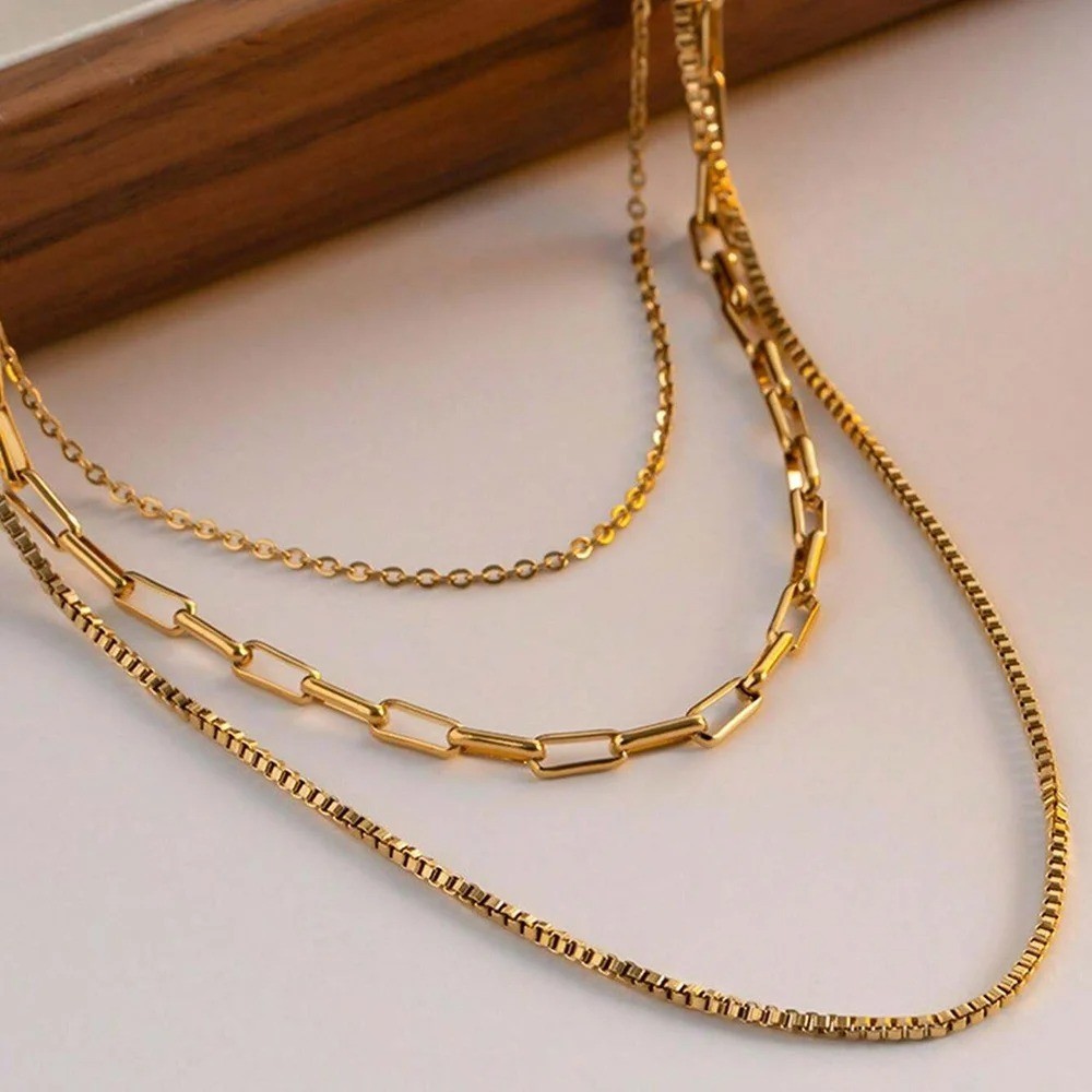 3pcs Womens Necklace 18K Gold Plated Stainless Steel Chain Woman Fashion Jewelry