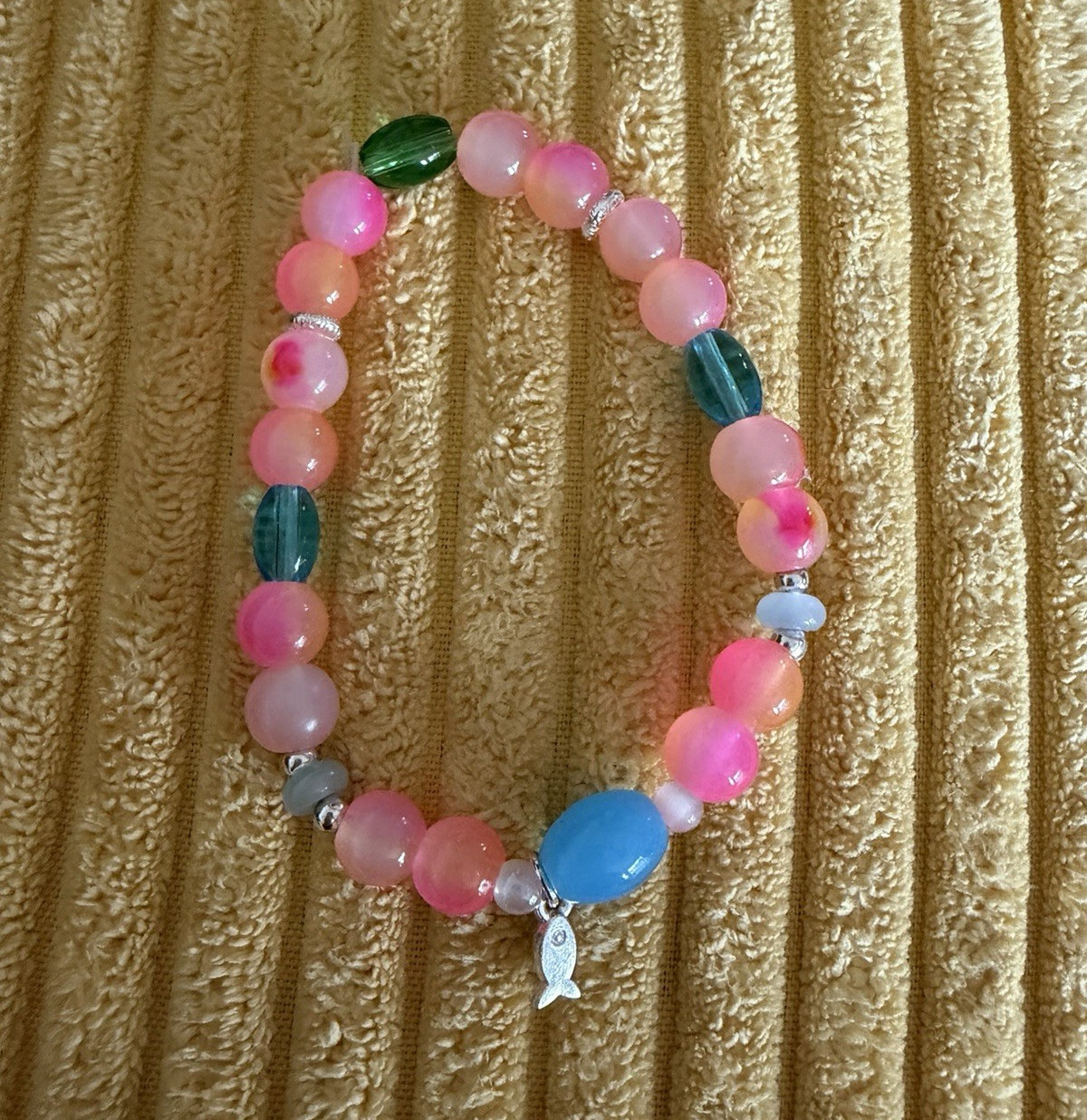 Pink, Green & Blue glass Round Beaded Stretch Slip-On Bracelet with Charm