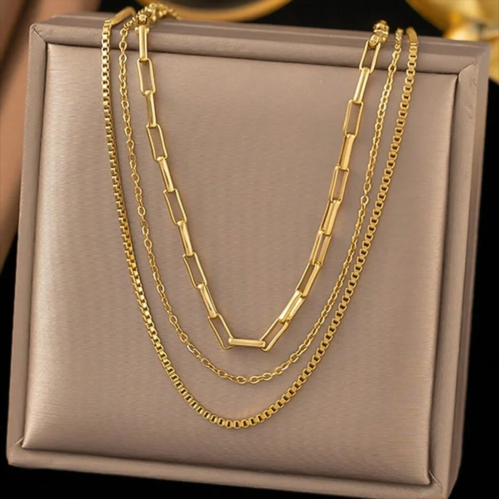 3pcs Womens Necklace 18K Gold Plated Stainless Steel Chain Woman Fashion Jewelry