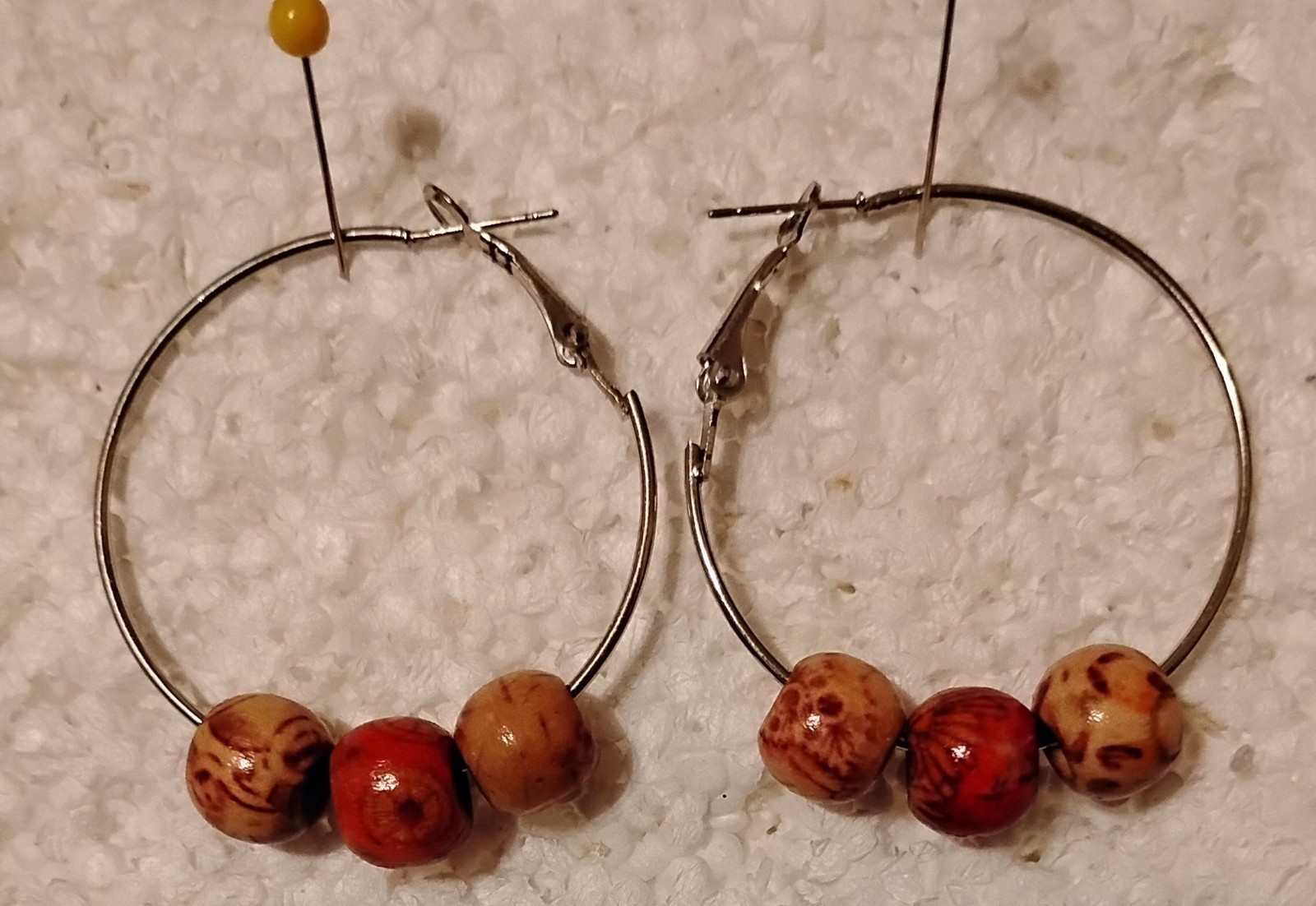 Silver Wood Bead Hoop Earrings 1.5″ Lever Back Earrings