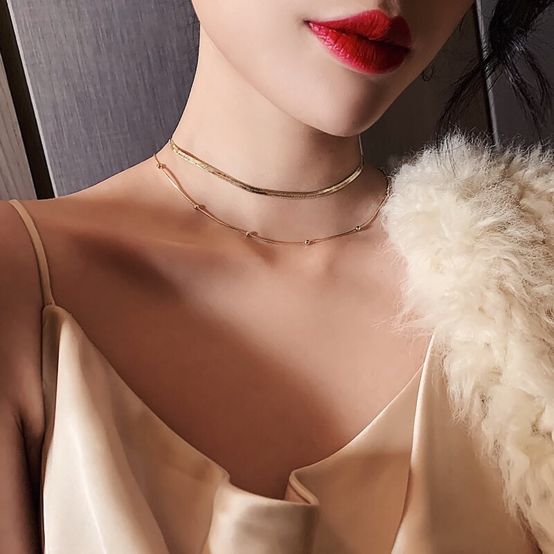 Woman 18K Gold Plated Stainless Steel 2 Layers Beaded Snake Chains Necklaces