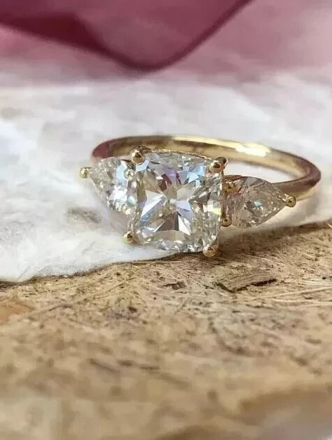 3Ct Cushion Cut Simulated Diamond 3-Stone Engagement Ring 14k Yellow Gold Plated