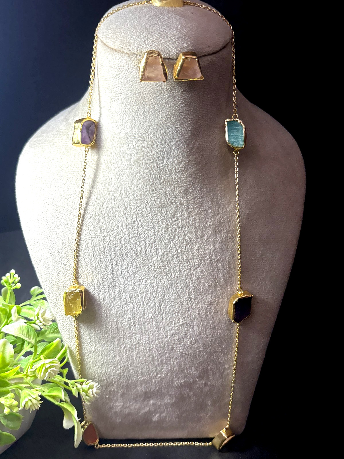 Natural Gemstone Necklace With Earring Rose Quartz Gift For Her.