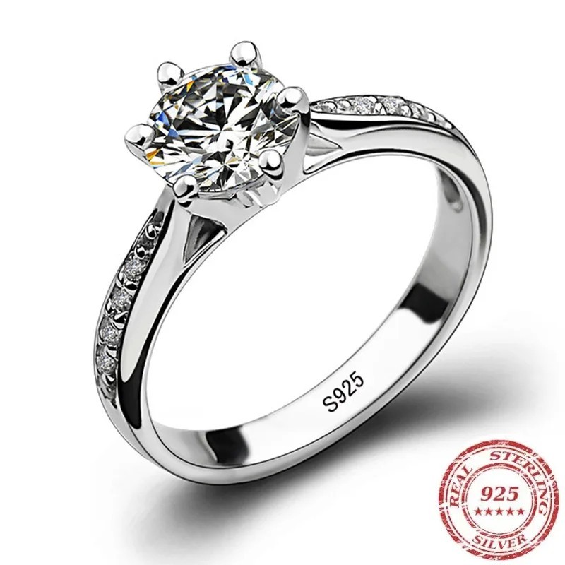 925 Sterling Silver Ring Women 6 Claw Solitaire CZ Engagement Wedding Band