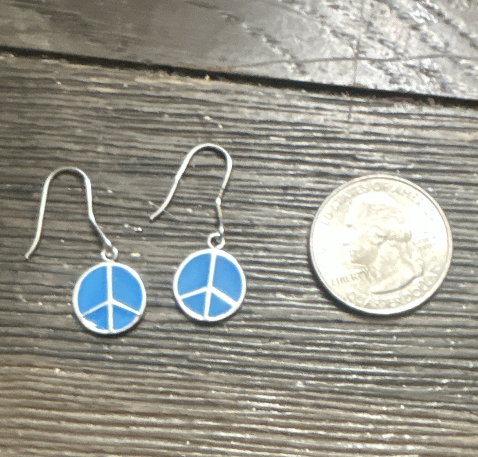 Blue Peace Sign Enamel Dangle Hook Earrings 925 Sterling Silver Signed 13mm