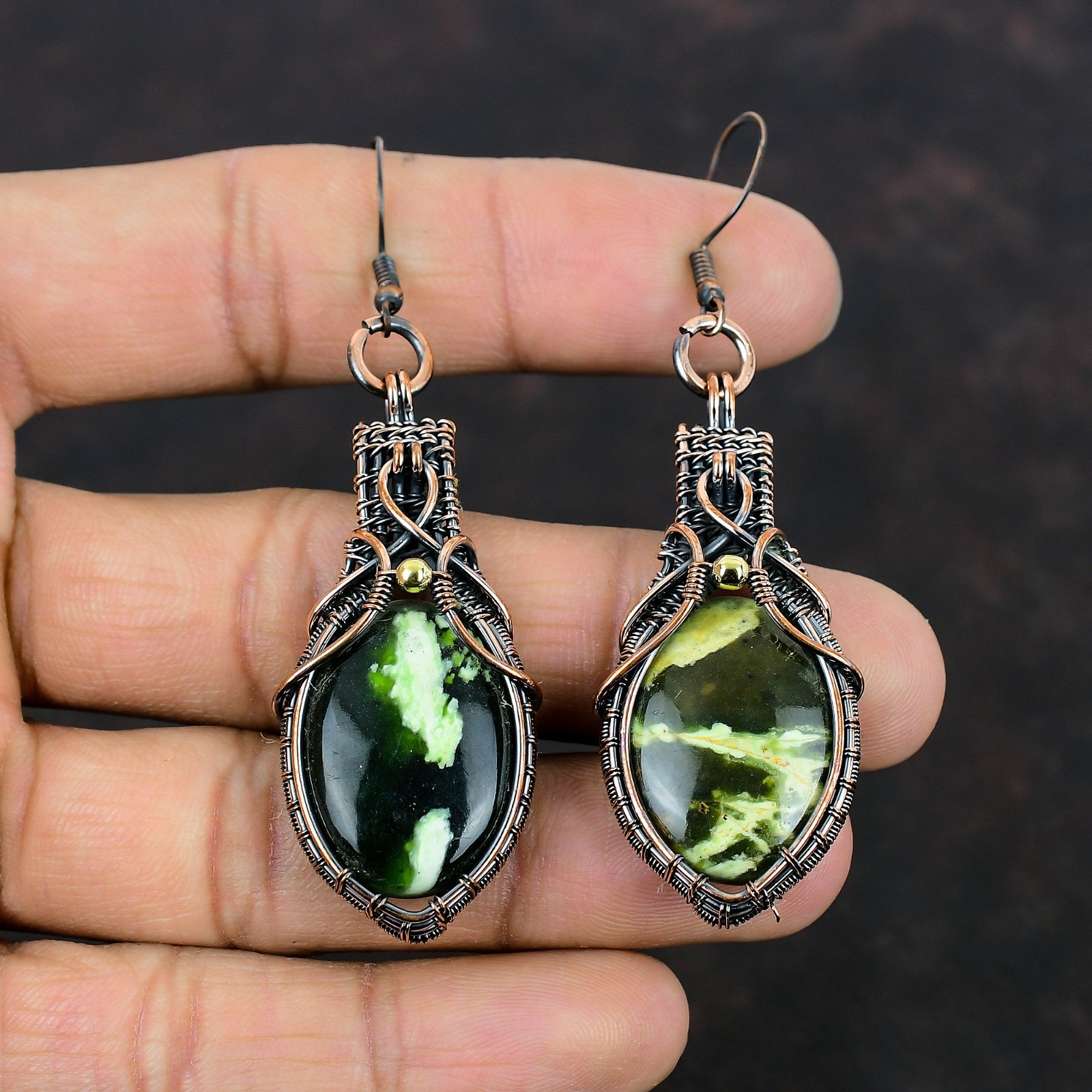 Copper Natural Australian Chrome Chalcedony Wire Wrapped Dangle Drop Earrings