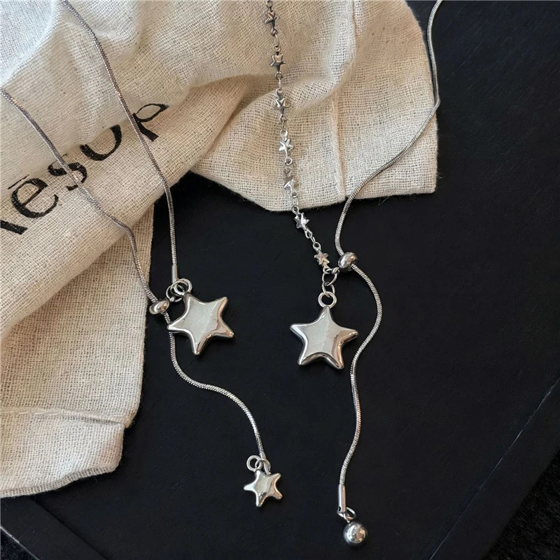 Silver Color Asymmetrical Star Pendant Adjustable Snake Chain Necklace for Women