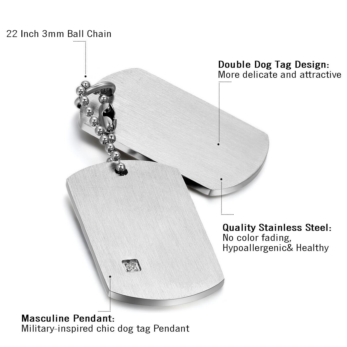Military Style Double Dog Tag Pendant Men’s Stainless Steel Chain Necklace Gift