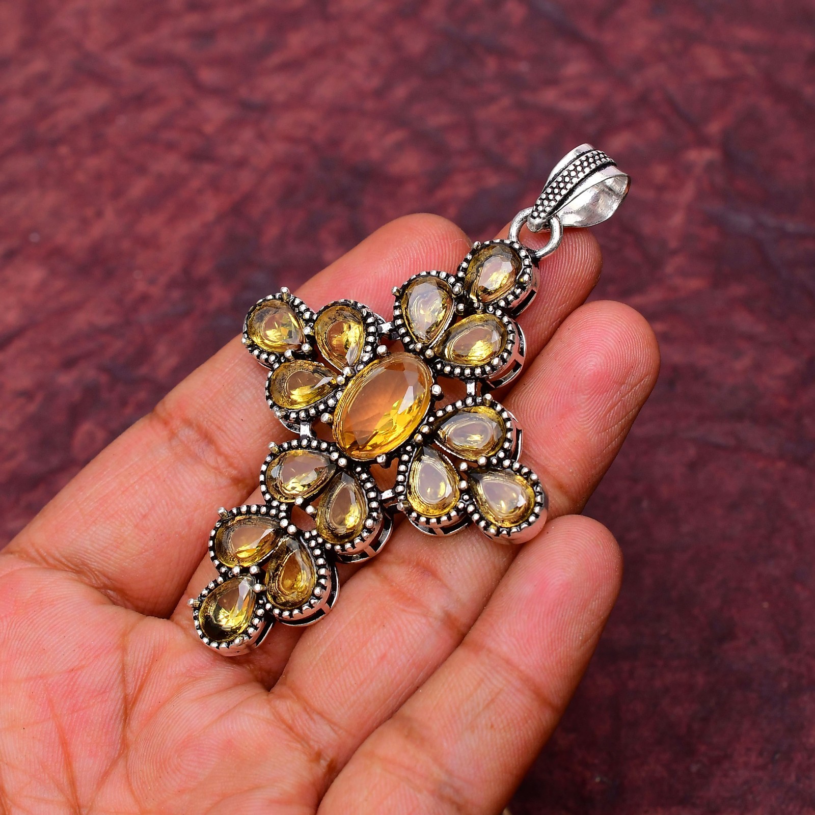 Citrine Gemstone 925 sterling silver Handmade Cross Pendant jewelry 2.75″