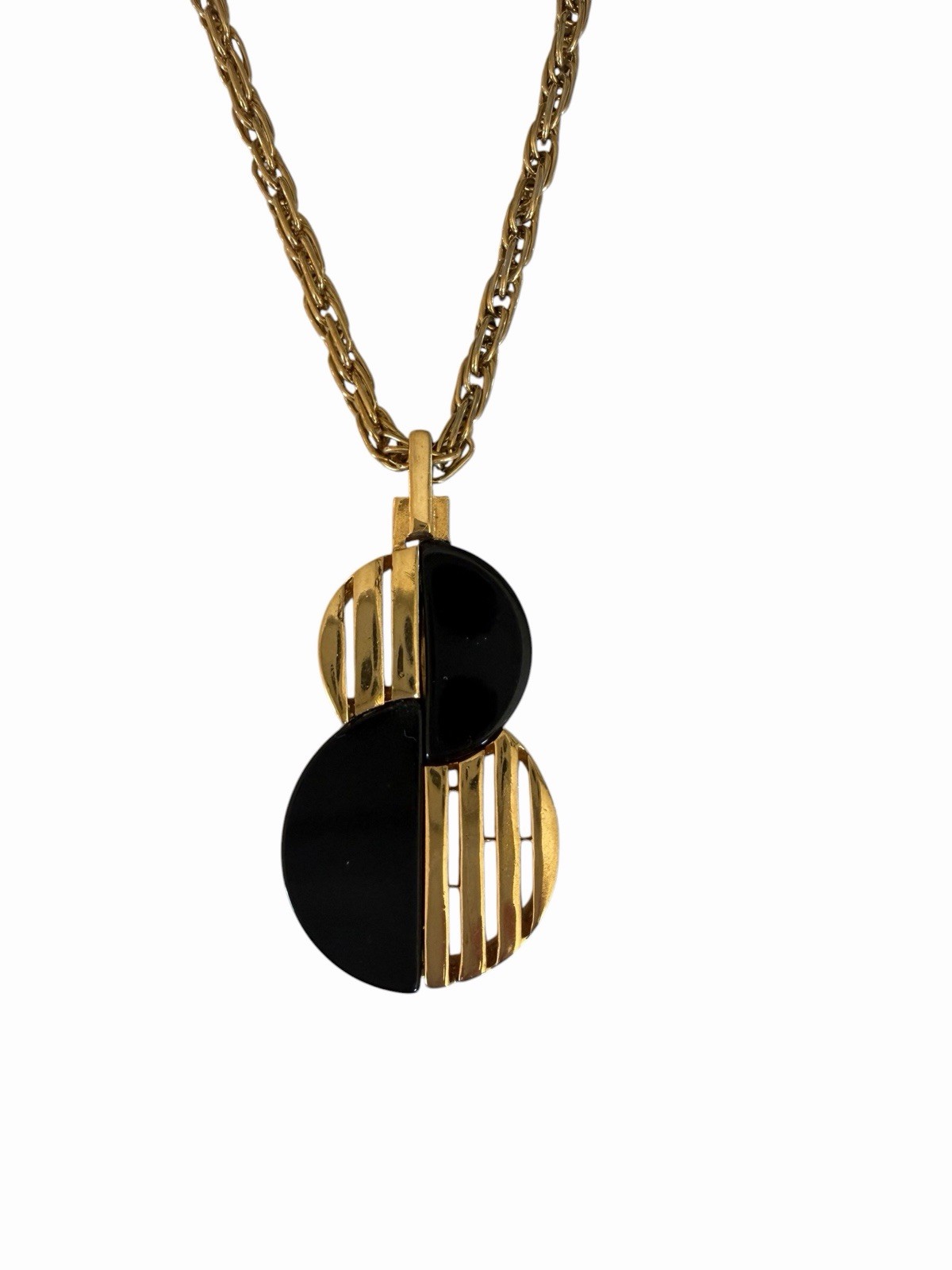 Vintage Crown Trifari Gold Tone Rope Chain Necklace Black Bakelite Double Charm