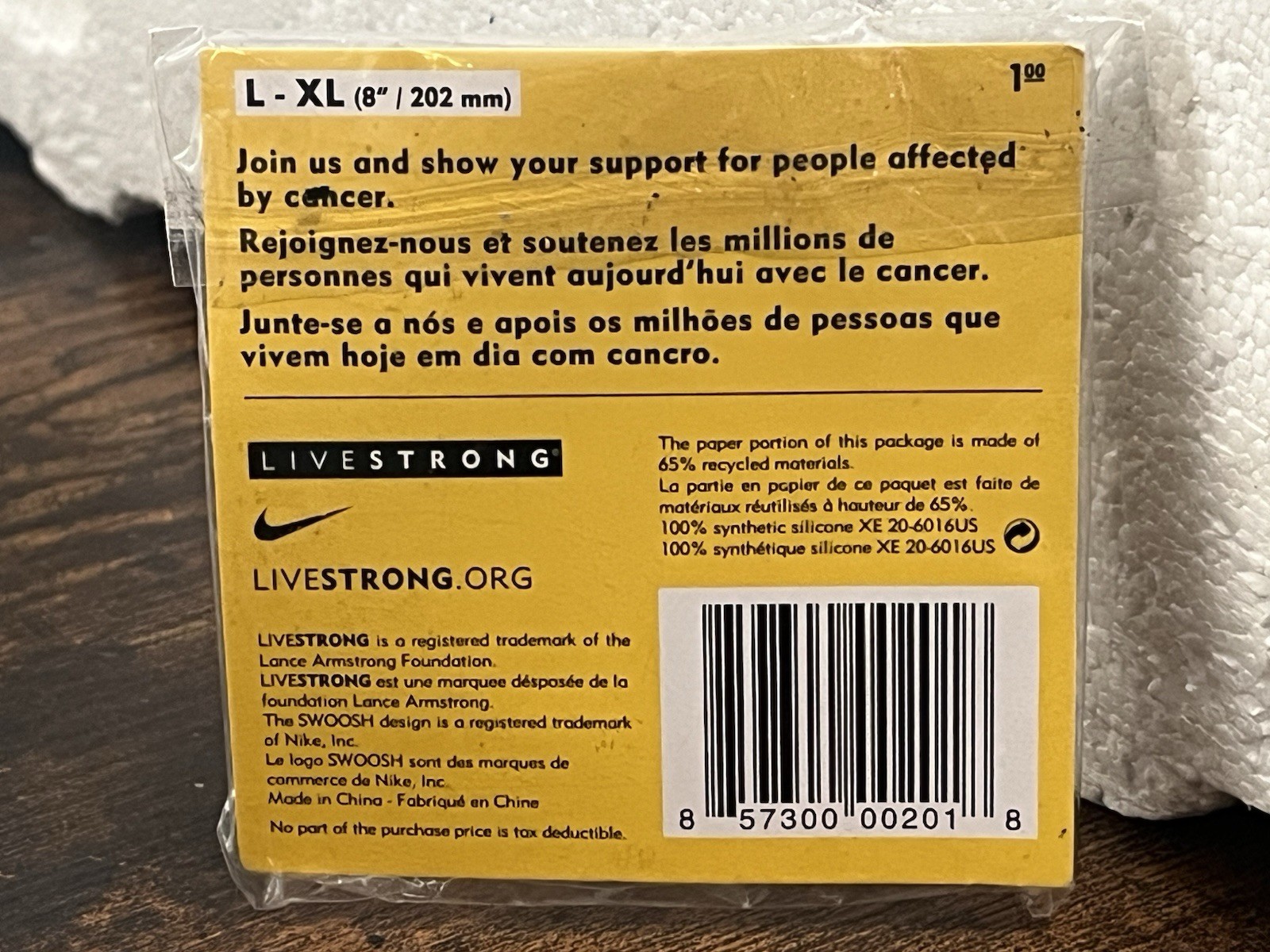 Nike LiveSTRONG Authentic Wristband Bracelet NEW Size L-XL 8″/202mm Collectible