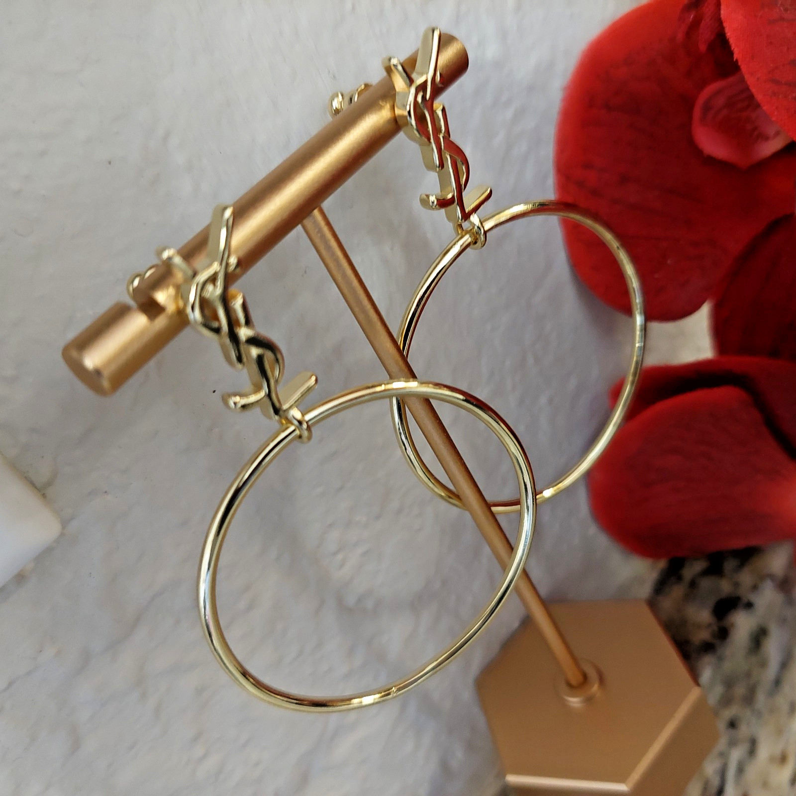 Auth. YVES SAINT LAURENT YSL Large Dangle HOOP EARRINGS Gold Logo
