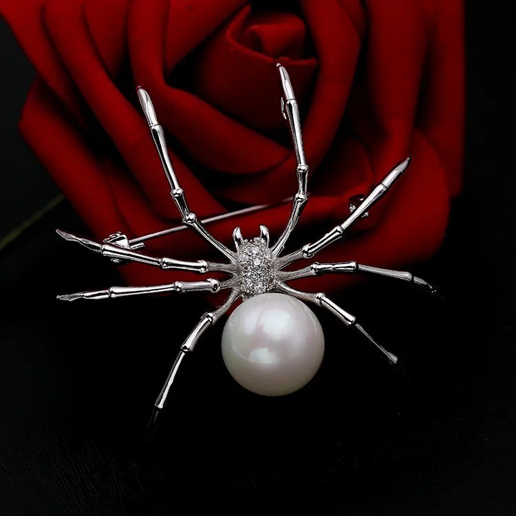 Vintage Black Rhinestone Spider Brooch Pearl Pin Insect Bug Jewelry Summer Gift
