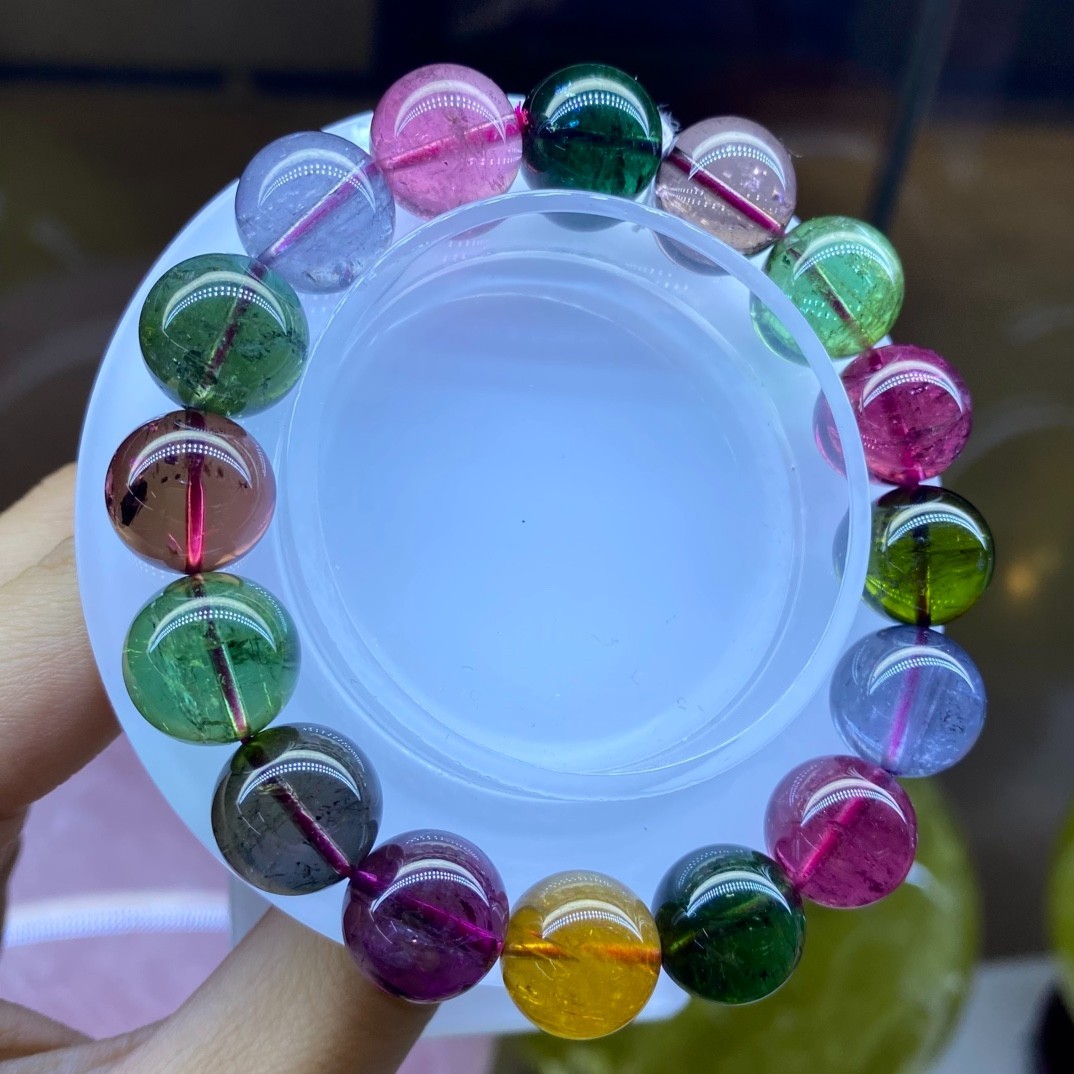 13.1mm Natural Tourmaline Beaded Bracelet Premium Rainbow High Clarity Gemstone