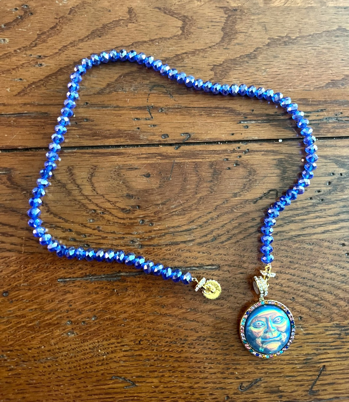 Celestial Man in the Moon Face Sun AB Crystal Glass Blue Beaded Necklace