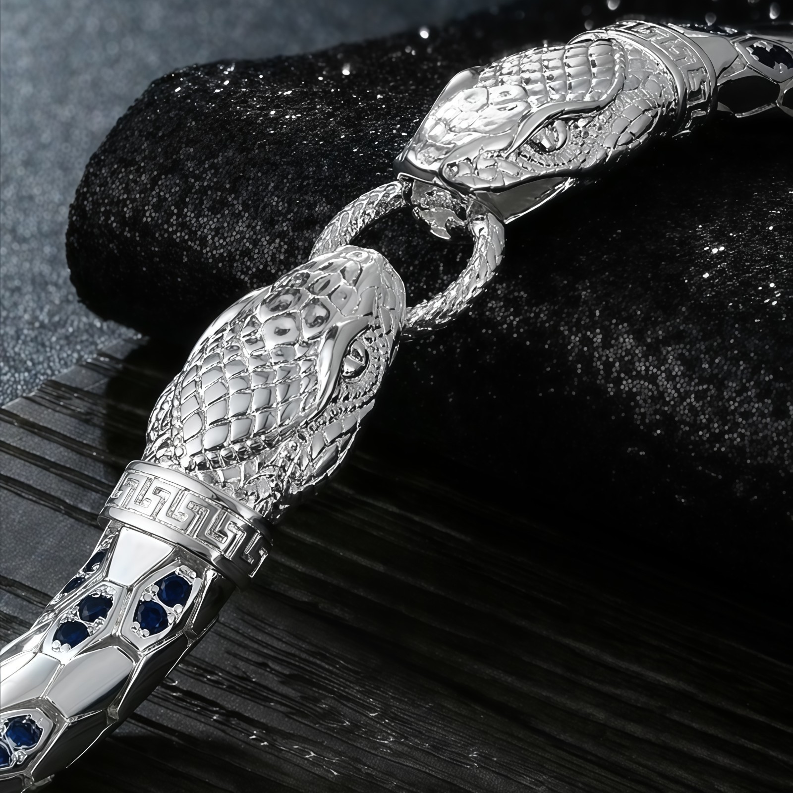 Snake Head Copper Bracelet for Men, Plated w Silver Inlaid with Black CZ Antique